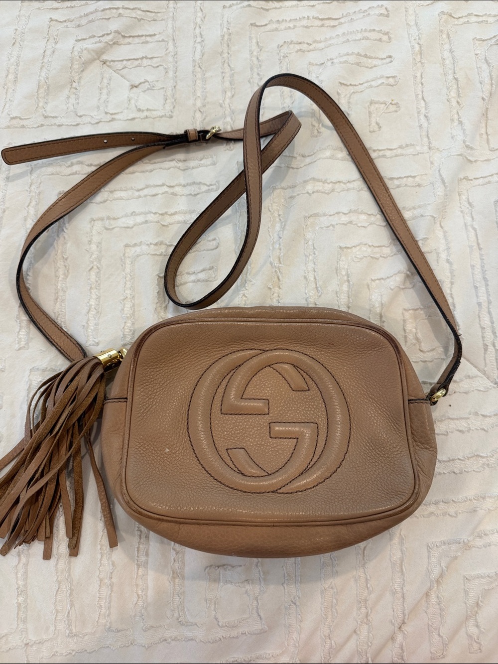 Gucci Tan Pebbled Leather Crossbody with Tassel